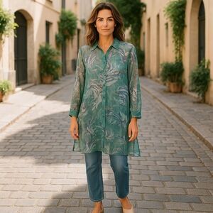 Gabby Isabella‎ Sheer Floral Tunic Blouse Green Chiffon Workwear Size M